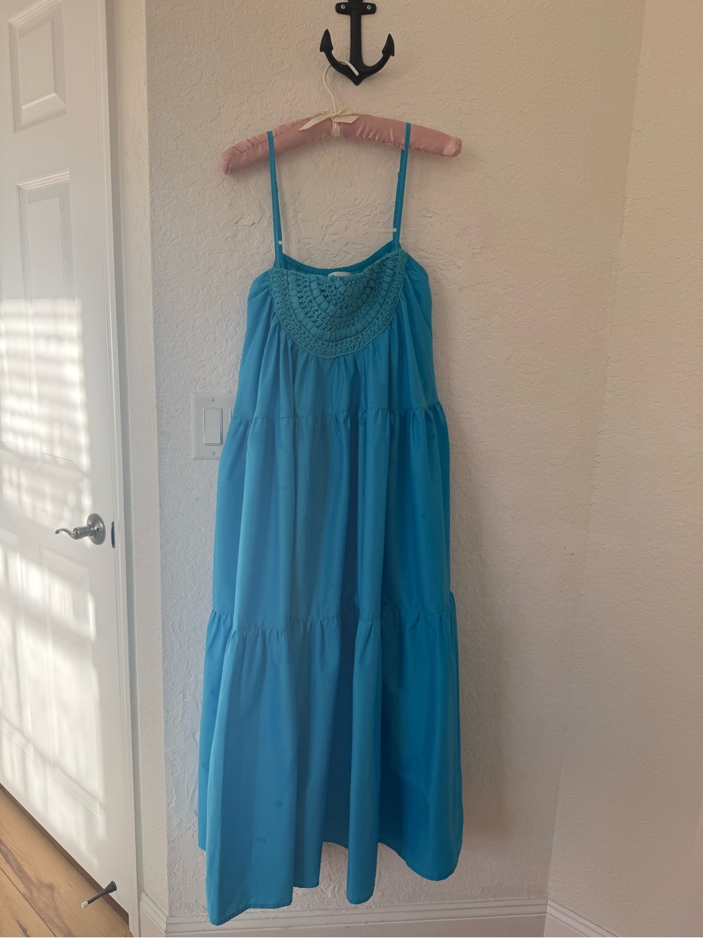 Women's Blue Tiered Maxi Dress with Braided Yoke